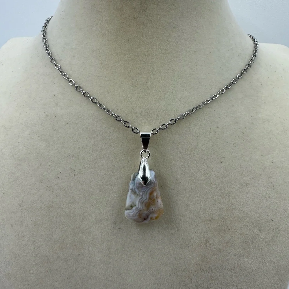 Ocean Jasper Pendant Necklace on Silver Stainless Steel Chain - Picture 2 of 6